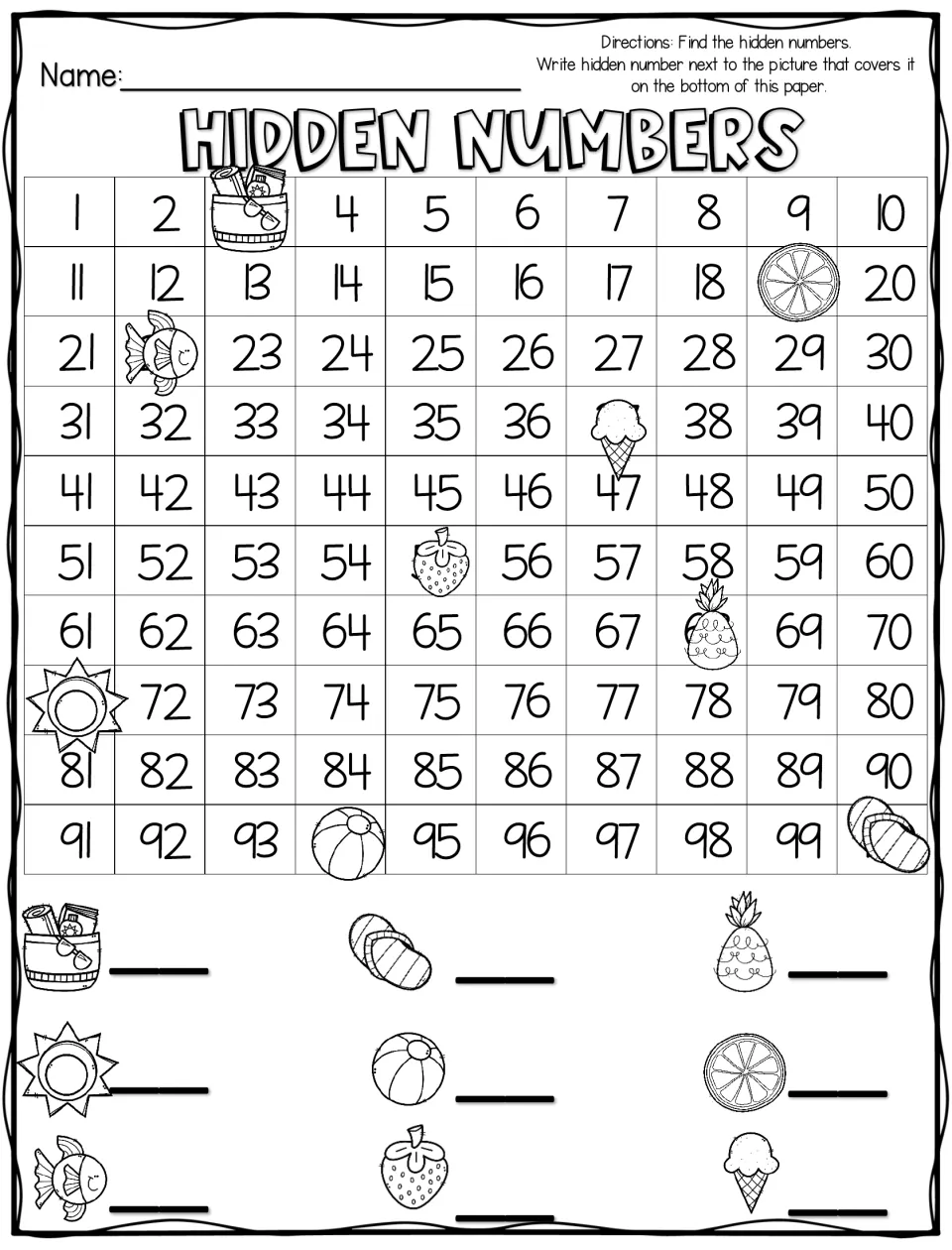 Beach-themed Hidden Numbers to 100: students locate the numbers under a sun, fish, pineapple and other pictures