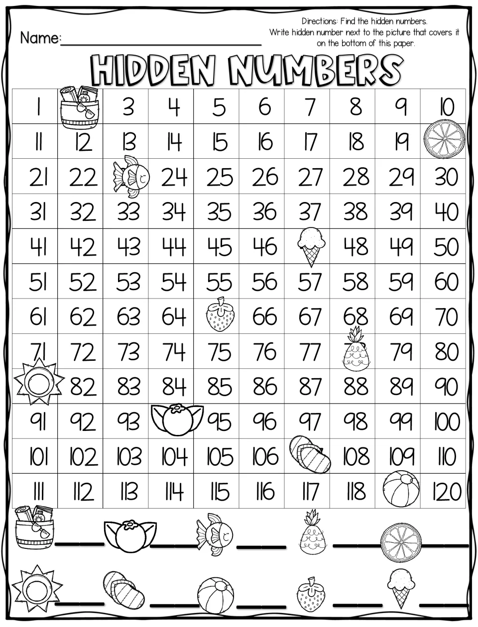 Beach Hidden Numbers to 120: students name 10 numbers hidden under pictures like a beach bag, orange slice and blueberry