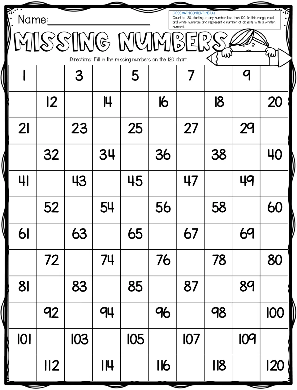 Missing Numbers on a 120 chart: students fill the blanks between given numbers such as 1, 3, 5 and 12, 14, 16 up to 120