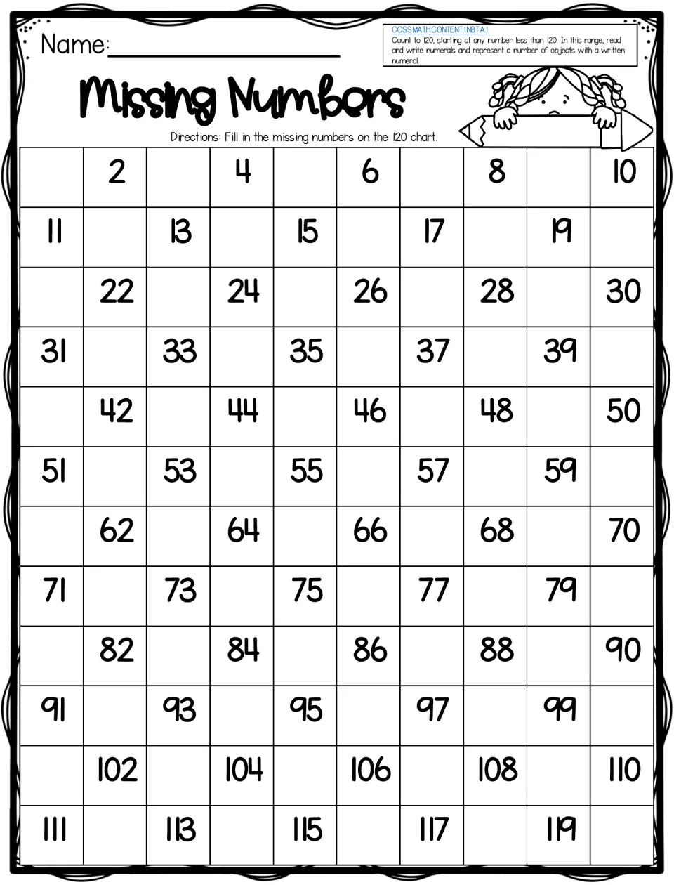 Missing Numbers, version two: students complete a 120 chart where 2, 4, 6 and 11, 13, 15 are given and the rest are blank