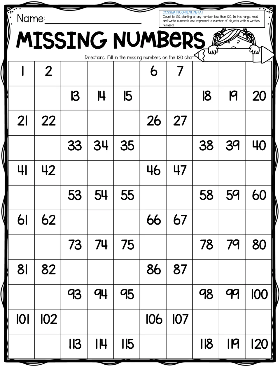 Missing Numbers 120 chart with runs of blanks: students fill in groups like 3 to 5 and 8 to 10 to complete counting to 120