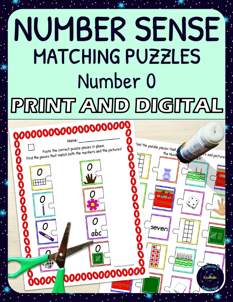 Cover of Number Sense Matching Puzzles for Number 0, labeled 'Print and Digital,' with cut-and-paste samples