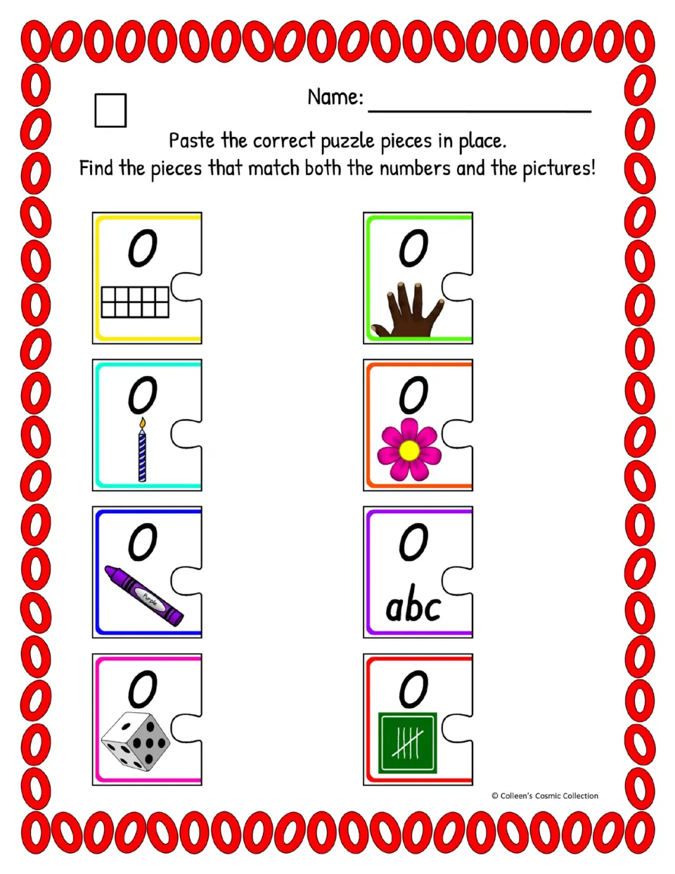 Easy color number 0 worksheet has eight puzzle halves to match with zero quantities and the word zero