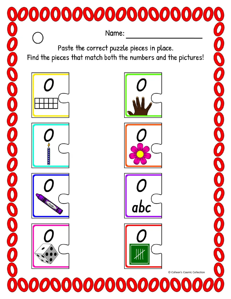 Difficult color number 0 worksheet presents eight puzzle halves for matching pictures and the word zero