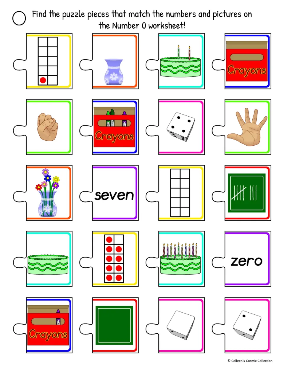 Difficult color selection sheet has 20 same-shaped pieces, including zero, an empty vase, and a bare cake