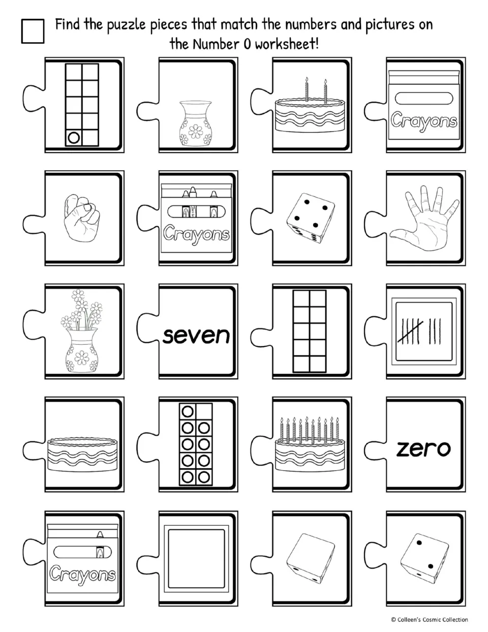 Easy black-and-white selection sheet has 20 pieces, including zero, an empty crayon box, and a blank die
