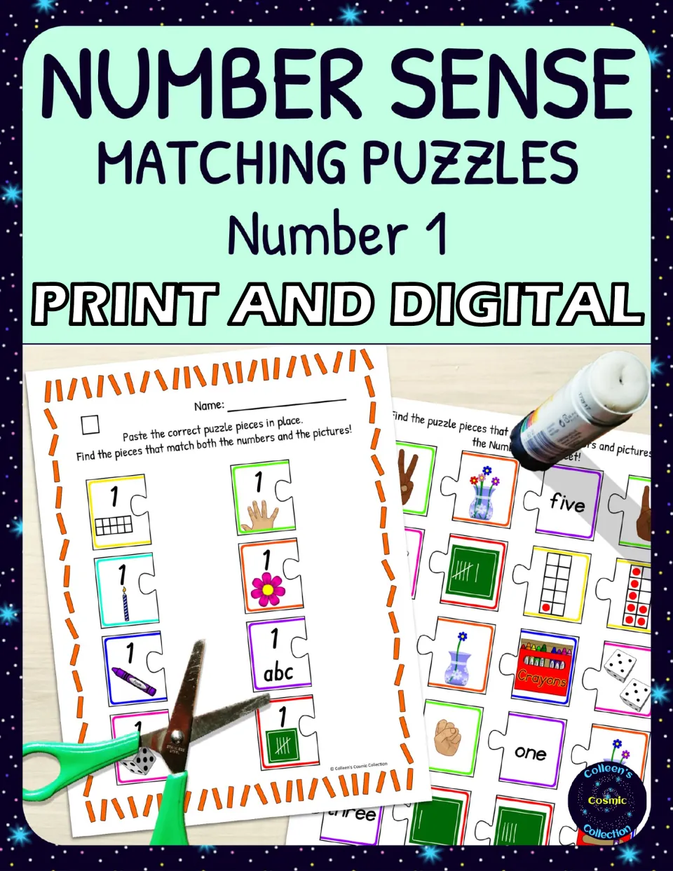 Number Sense Matching Puzzles Number 1 cover, print and digital: paste-in puzzle sheet shown with cut-out pieces