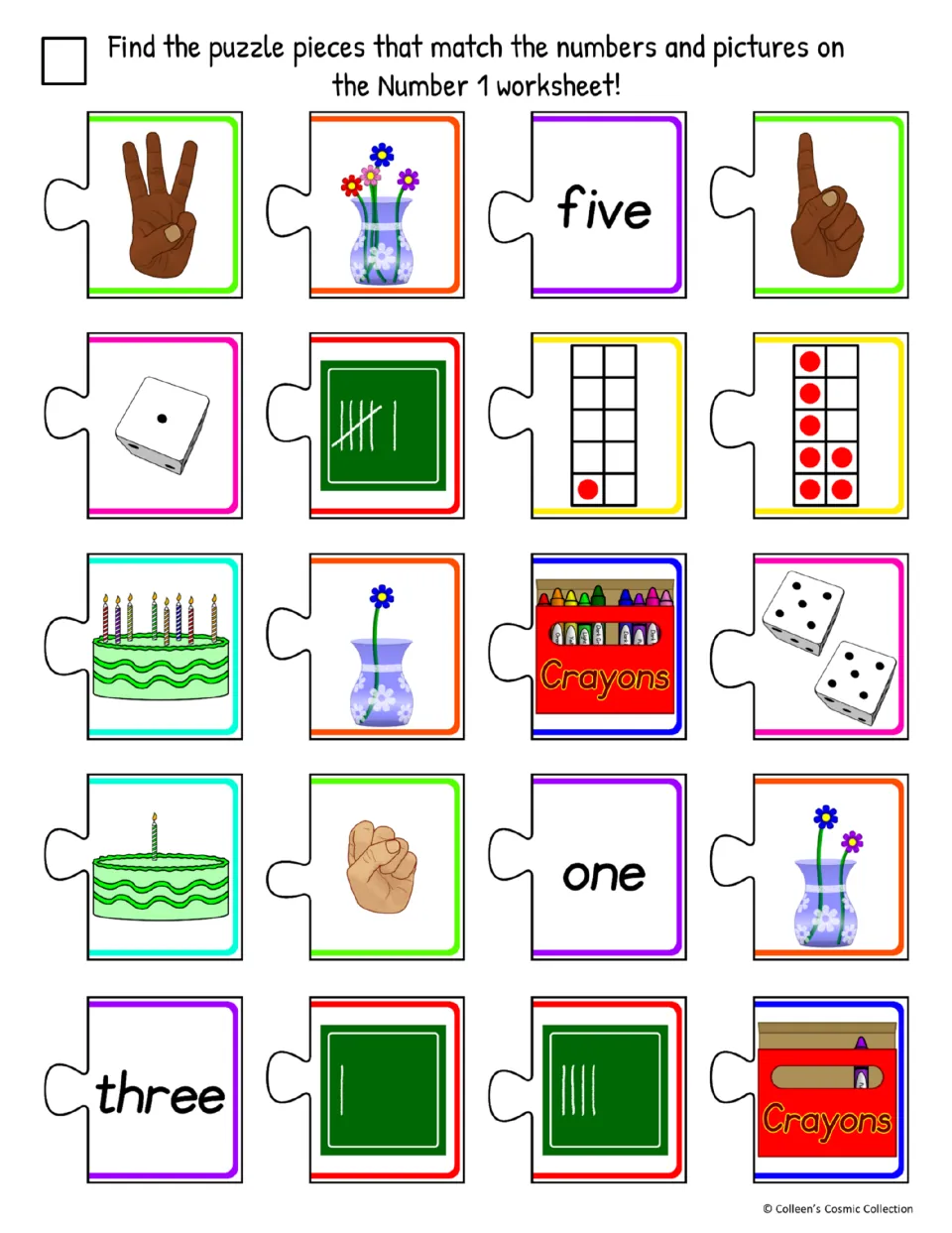 Cut-out pieces for the easy Number 1 sheet: students find the ones showing one (one finger, one dot, 'one') among extras