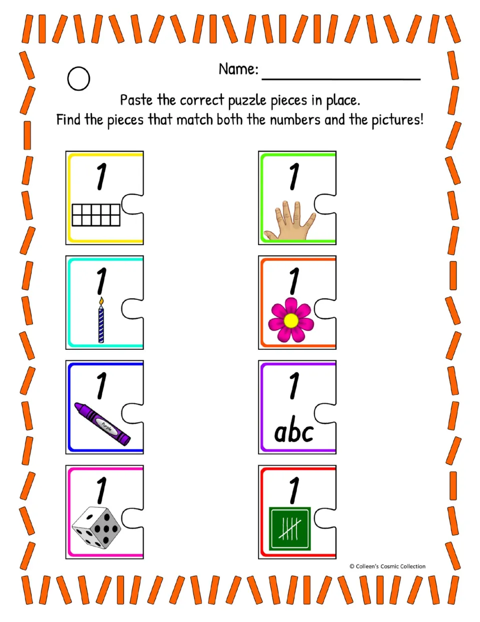 Number 1 matching, difficult colour version: students match pieces to eight halves labeled 1 without shape clues