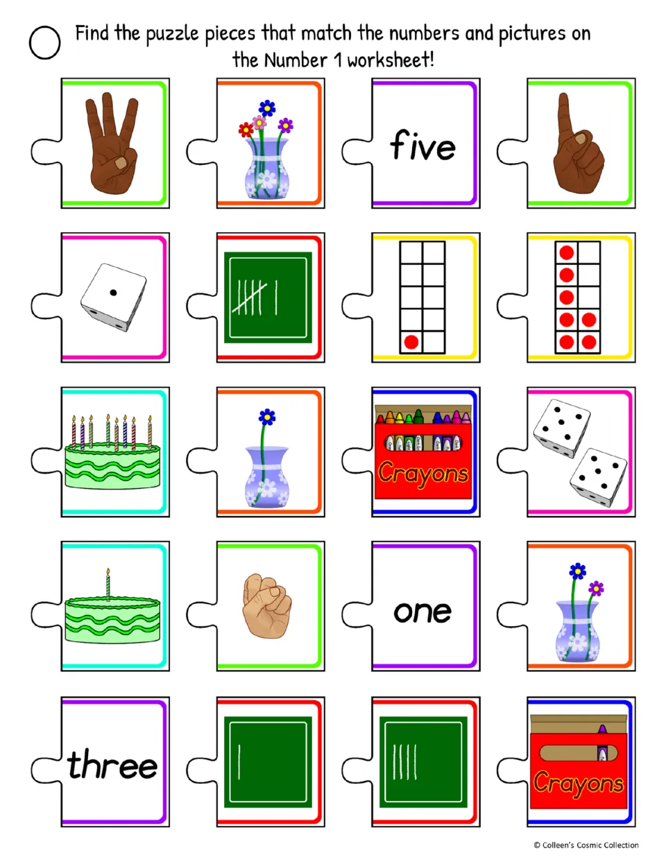 Cut-out pieces for the difficult Number 1 sheet: students pick pieces showing one object, finger or tally amid decoys