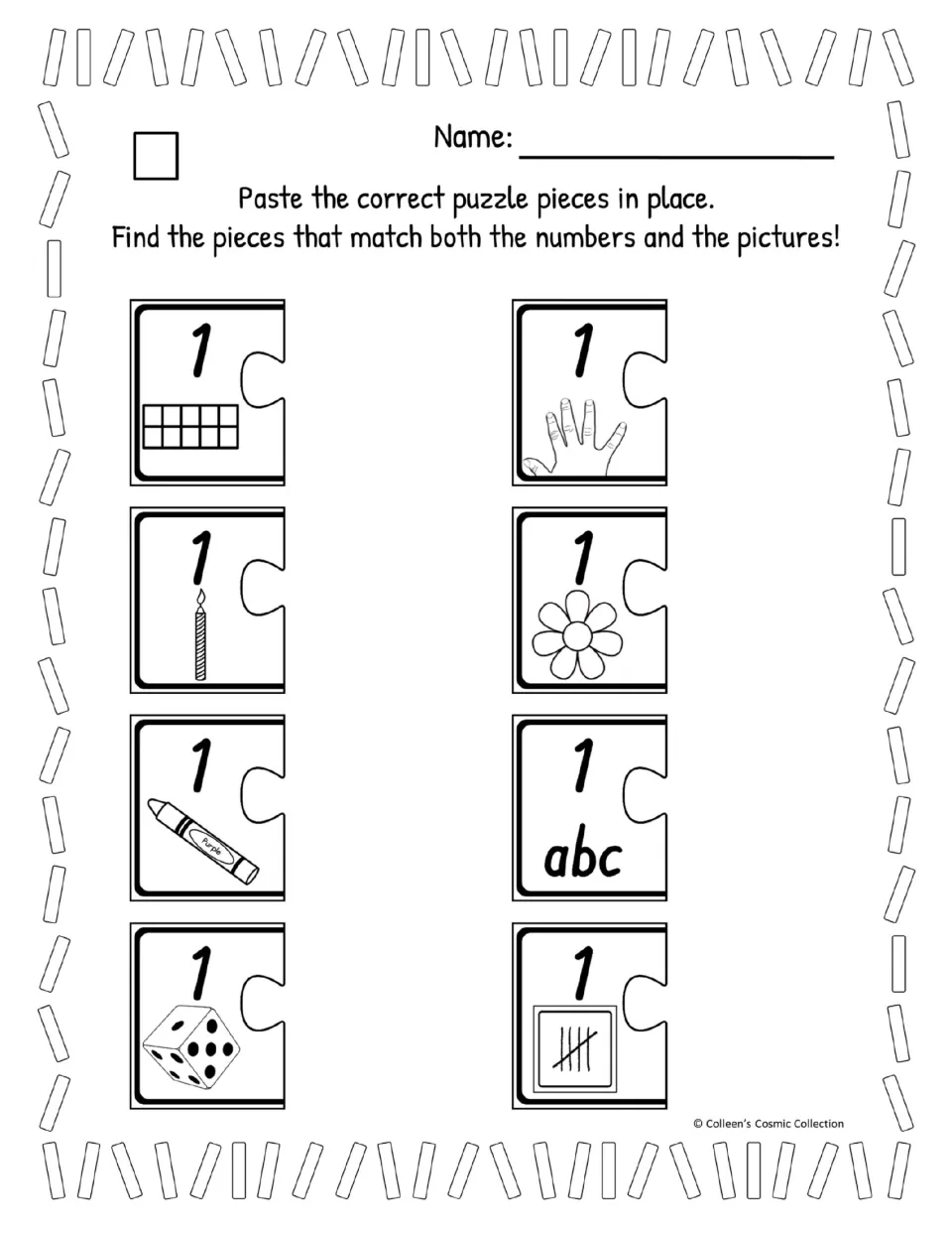 Number 1 matching in black and white, easy version: students paste pieces matching 1 beside a candle, flower, die and more