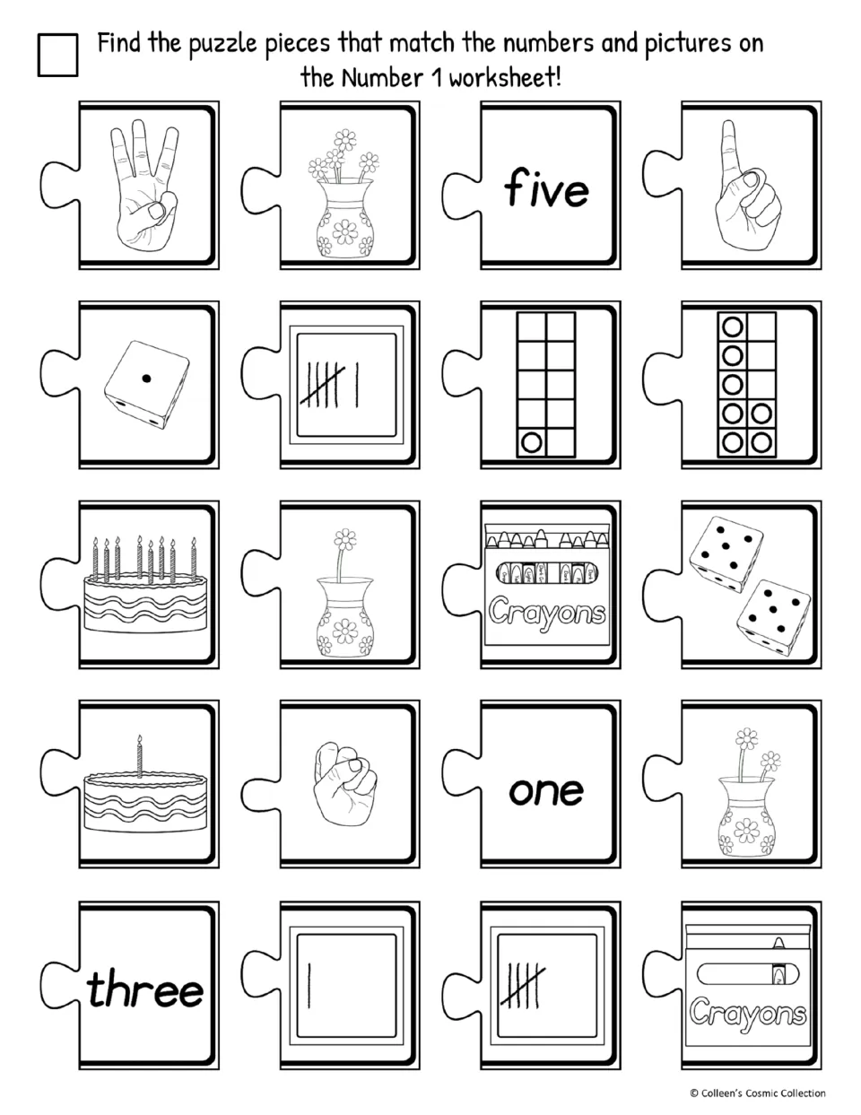 Black-and-white cut-out pieces for Number 1: students hunt for the single candle, finger, dot and word 'one' among extras