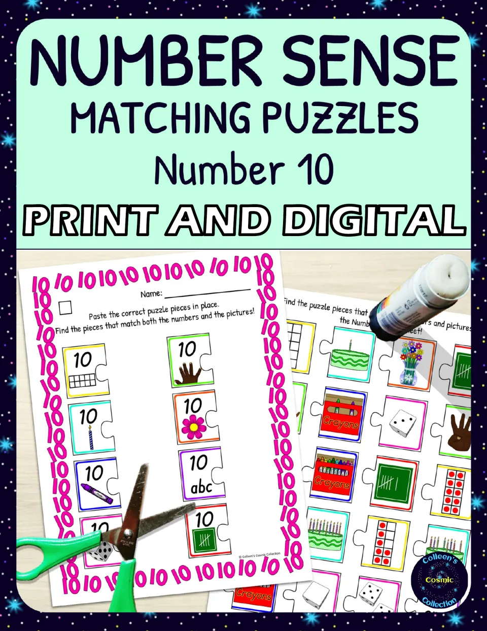 Cover of Number Sense Matching Puzzles for Number 10, labeled 'Print and Digital,' with cut-and-paste samples