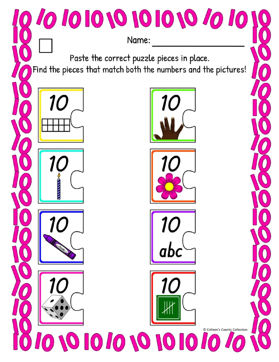 Easy color worksheet has eight number 10 puzzle prompts for matching ten frames, fingers, words, and more