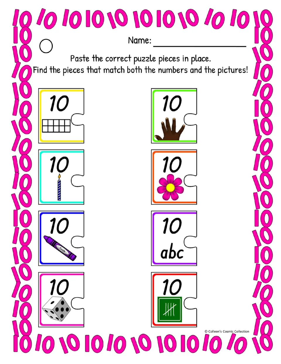Difficult color worksheet has eight number 10 prompts using ten frames, fingers, candles, flowers, and more