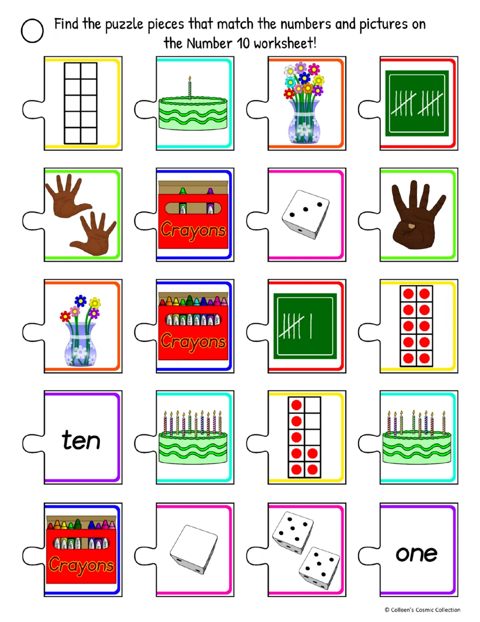 Difficult color cutout sheet offers 20 number 10 choices, including crayons, dice, number words, and tallies