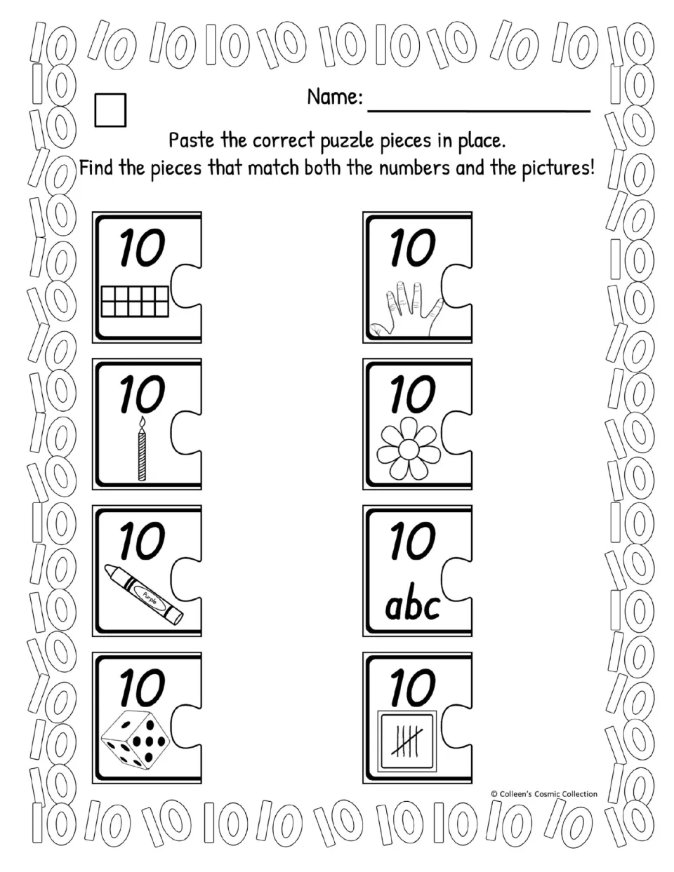 Easy black-and-white worksheet has eight number 10 prompts for matching quantities and the number word
