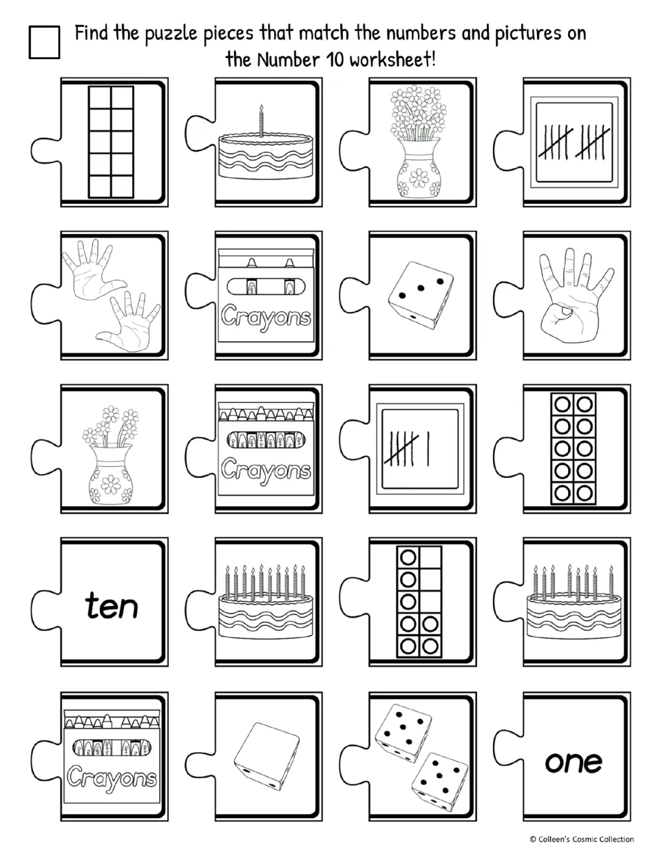 Easy black-and-white cutout sheet has 20 number 10 choices, including fingers, candles, dice, and words