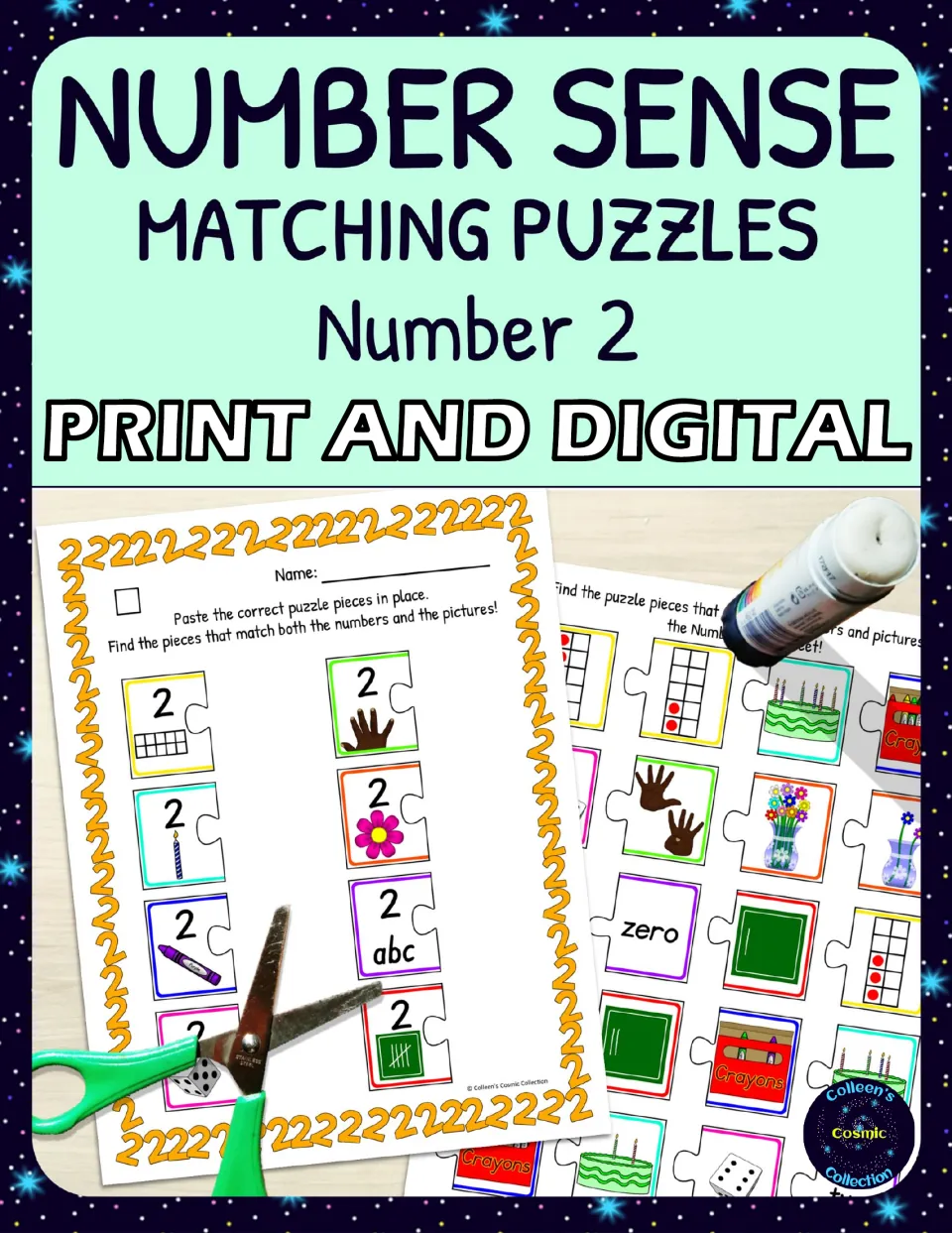 Number Sense Matching Puzzles Number 2 cover, print and digital: number 2 puzzle sheet, cut-out pieces, scissors and glue