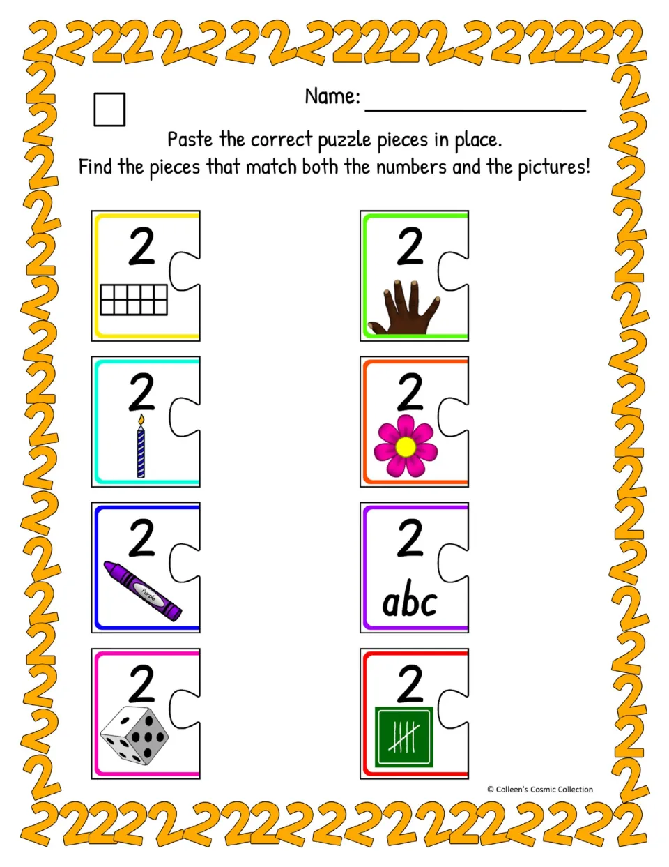 Number 2 easy colour version: students paste pieces matching 2 to a ten frame, candle, crayon, fingers, flower and tally
