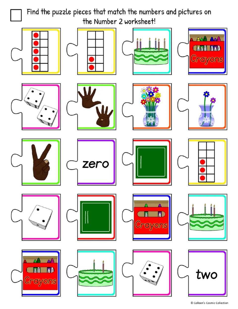 Number 2 easy colour cut-out pieces: students find ten frames, fingers, dice, tallies and the word two among extra pieces
