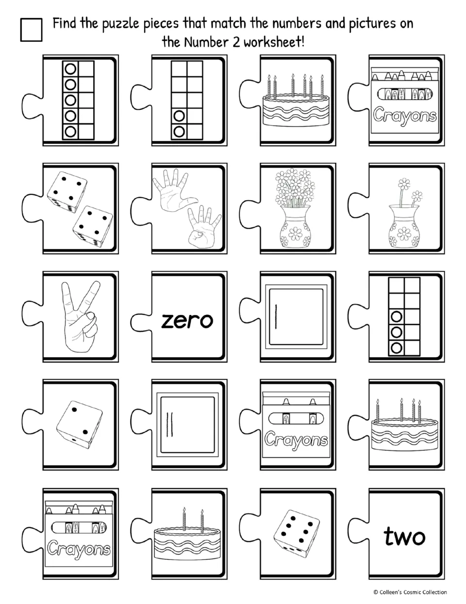 Number 2 black and white cut-out pieces: ten frames, dice, hands, cakes, crayons, tallies and the word two to match