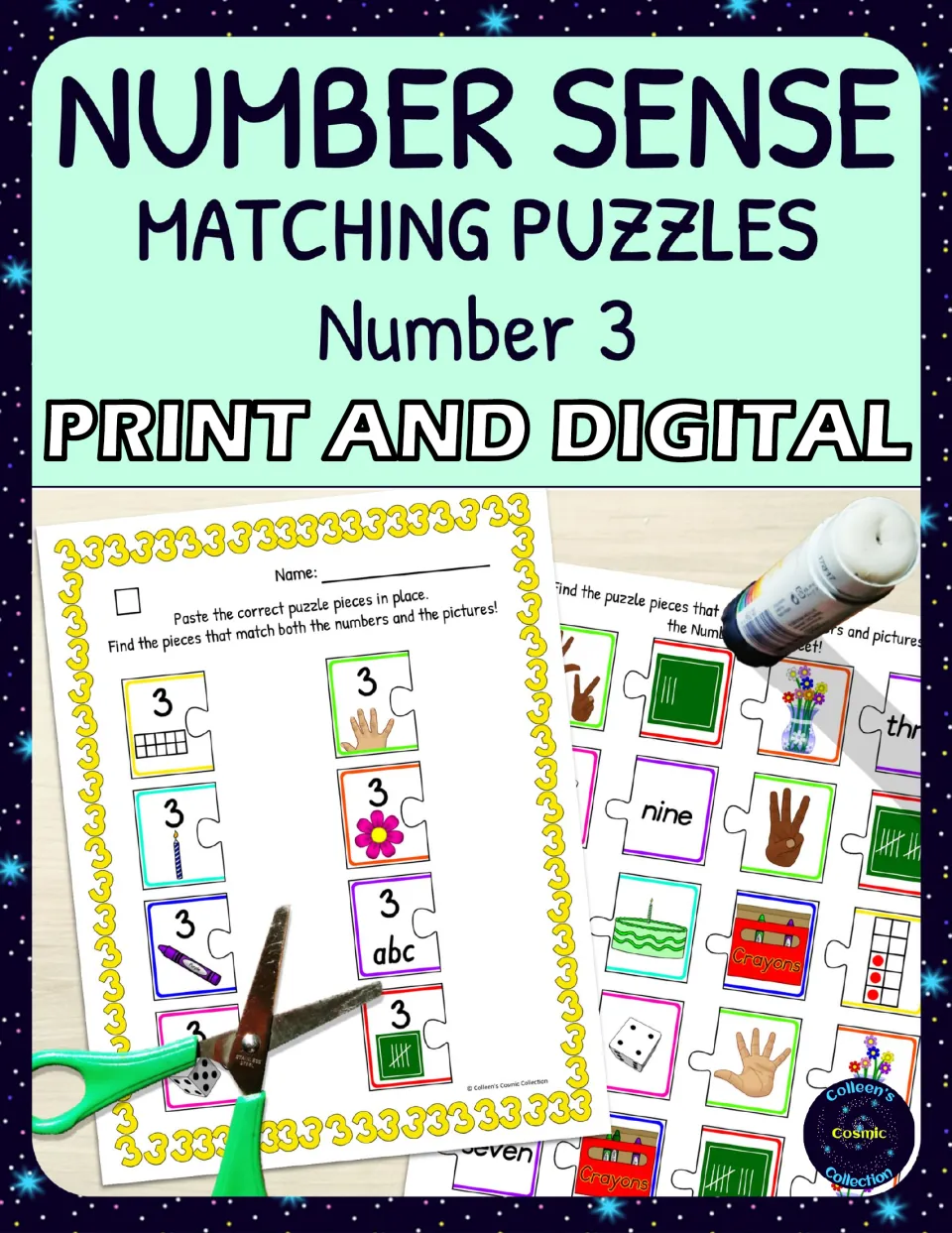 Number Sense Matching Puzzles, Number 3, print and digital: a 3 worksheet with picture puzzle pieces, scissors and glue