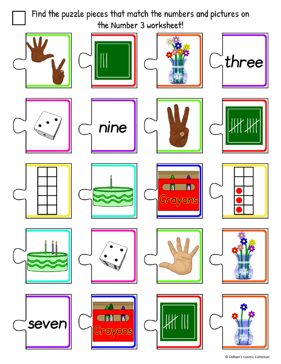 Easy color cut-out pieces for the 3 sheet: students pick the word three, 3 tallies and 3 dots from 5, 7 and 9 decoys