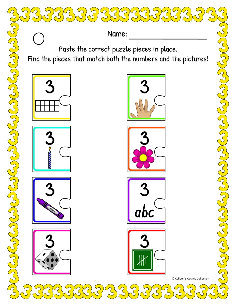 Number 3 difficult color worksheet: students match pictures of three to each numeral half, with no shape clues to help