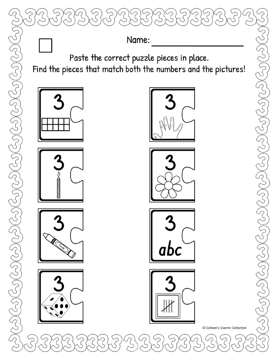 Number 3 black-and-white easy worksheet: students paste the matching picture of 3 beside each of eight numeral halves