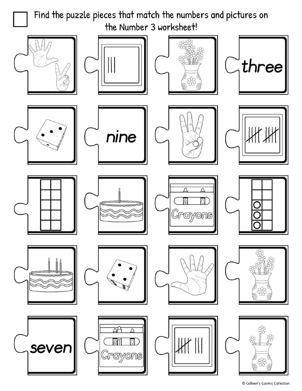Black-and-white easy cut-out pieces: students choose 3 candles, 3 dots, the word three and other sets of 3 from decoys