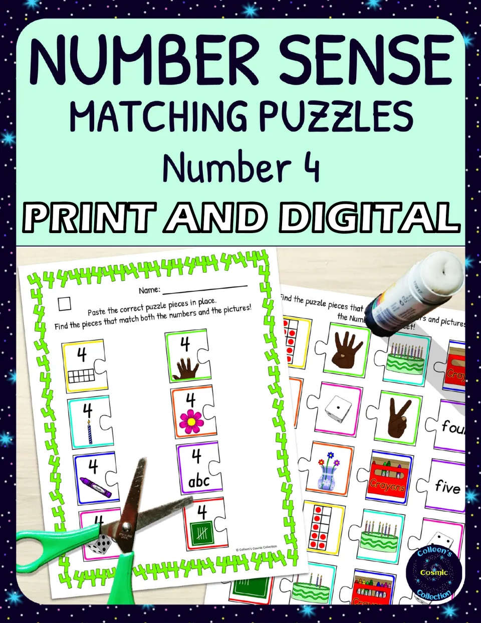 Cover for Number Sense Matching Puzzles Number 4, print and digital, showing a puzzle worksheet, cut pieces and scissors