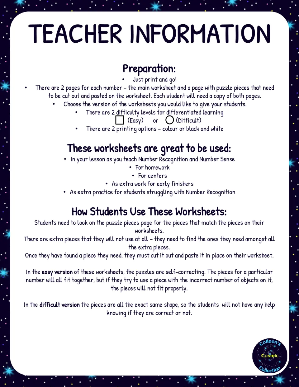 Teacher notes: prep steps, easy and difficult versions, color or black and white options and how students use the pages