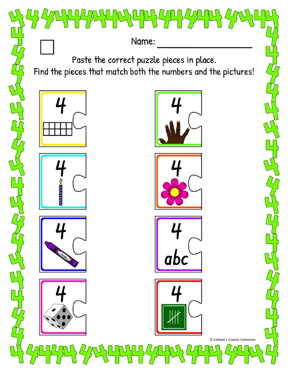 Easy color number 4 page: students paste pieces matching 4 with a ten frame, hand, candle, crayon, die and tally