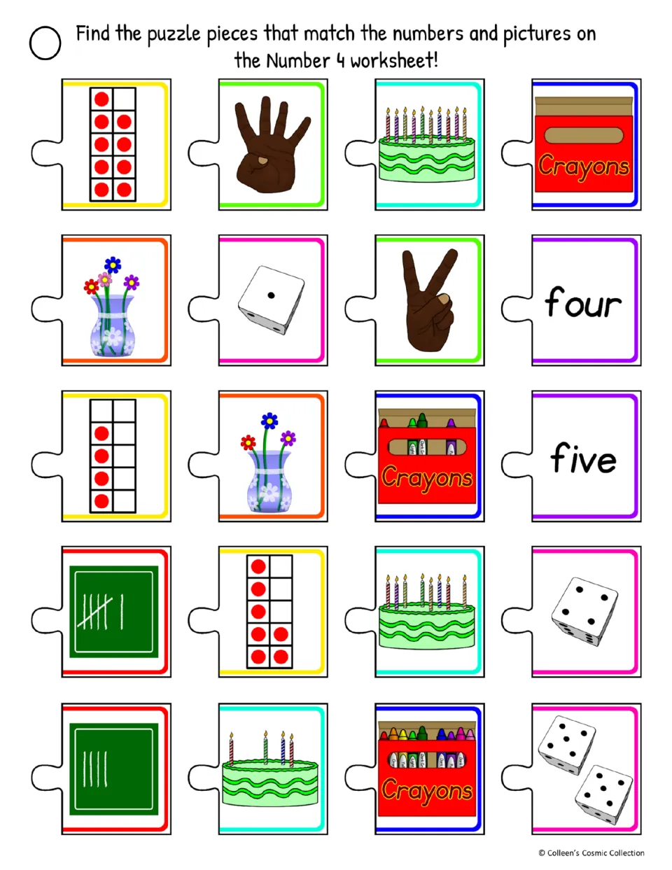 Cut-out pieces for the difficult color page, mixing sets of 4 with extras like five, a one-dot die and two fingers