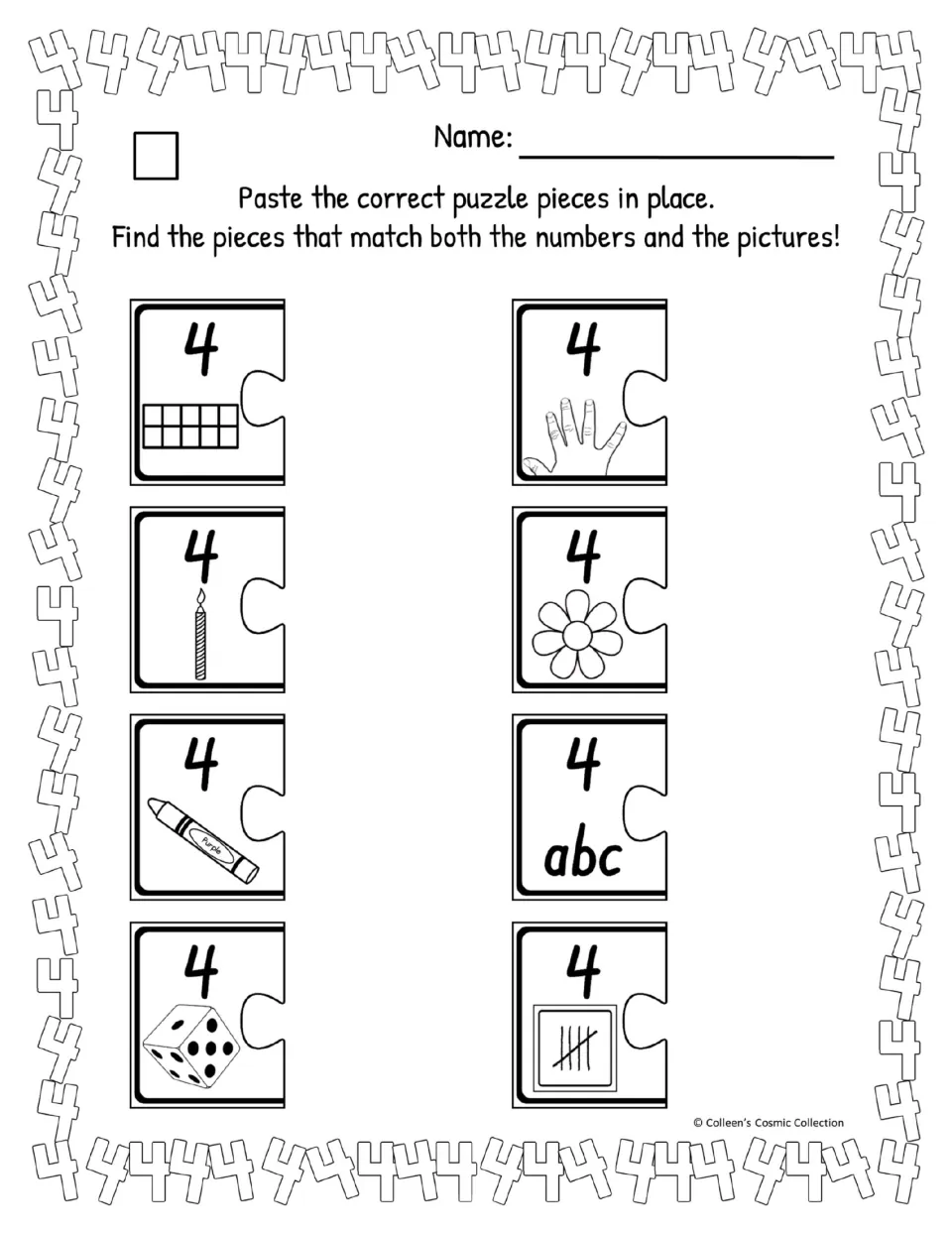 Black and white easy number 4 page: students paste pieces matching 4 with a ten frame, fingers, flower, die and tallies