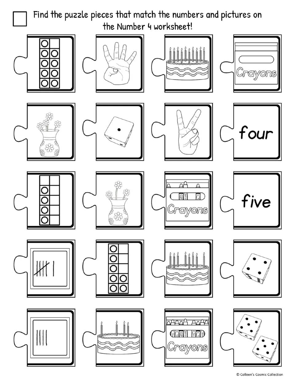 Black and white cut-out pieces for the easy page: sets of 4 mixed with extras like the word five and a two-finger sign