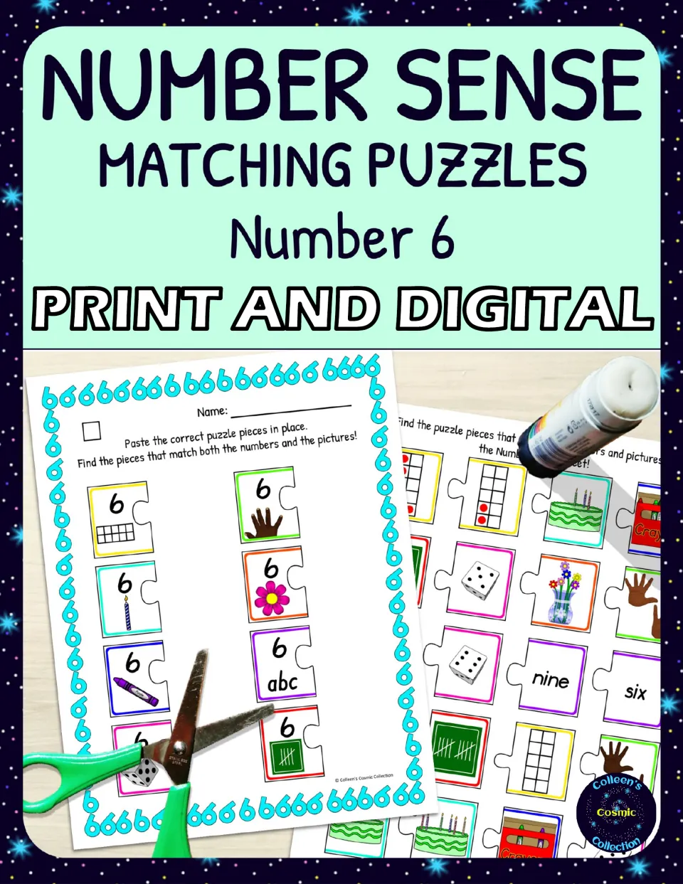 Number Sense Matching Puzzles Number 6 cover, print and digital, showing a puzzle worksheet with scissors and glue