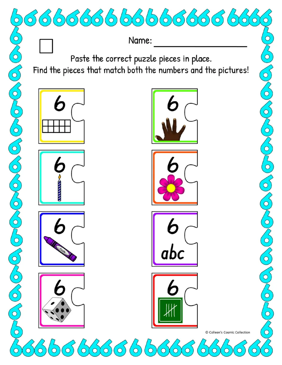 Number 6 recognition, easy color version: students paste pieces that fit 6 with a ten frame, candle, crayon, die and tally