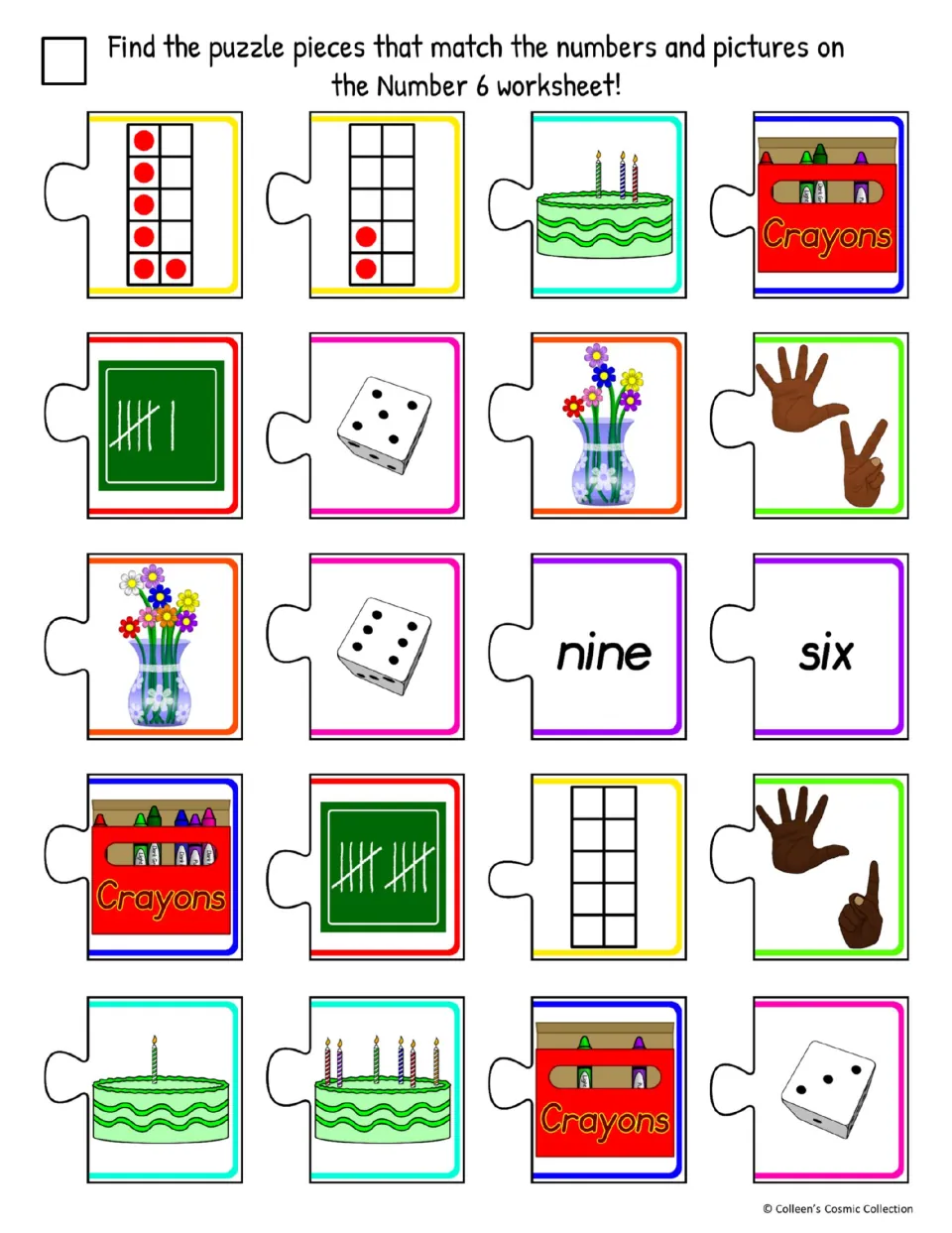 Cut-out pieces for the easy number 6 sheet: ten frames, cakes, dice, tallies, hands, crayons and words nine and six to sort