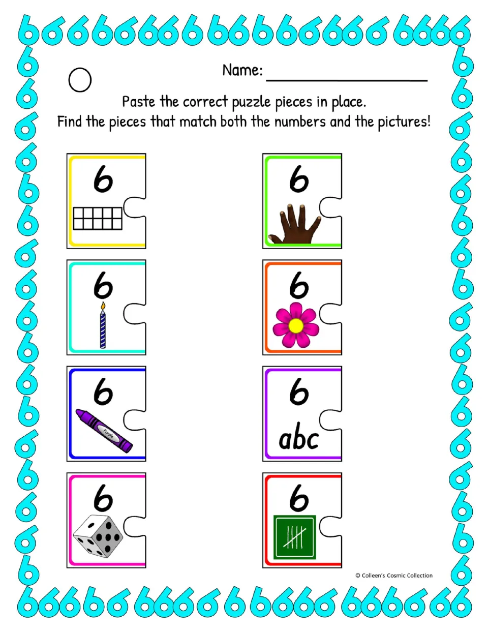 Number 6 recognition, difficult color version: students match and paste same-shape pieces to eight numeral 6 puzzle halves
