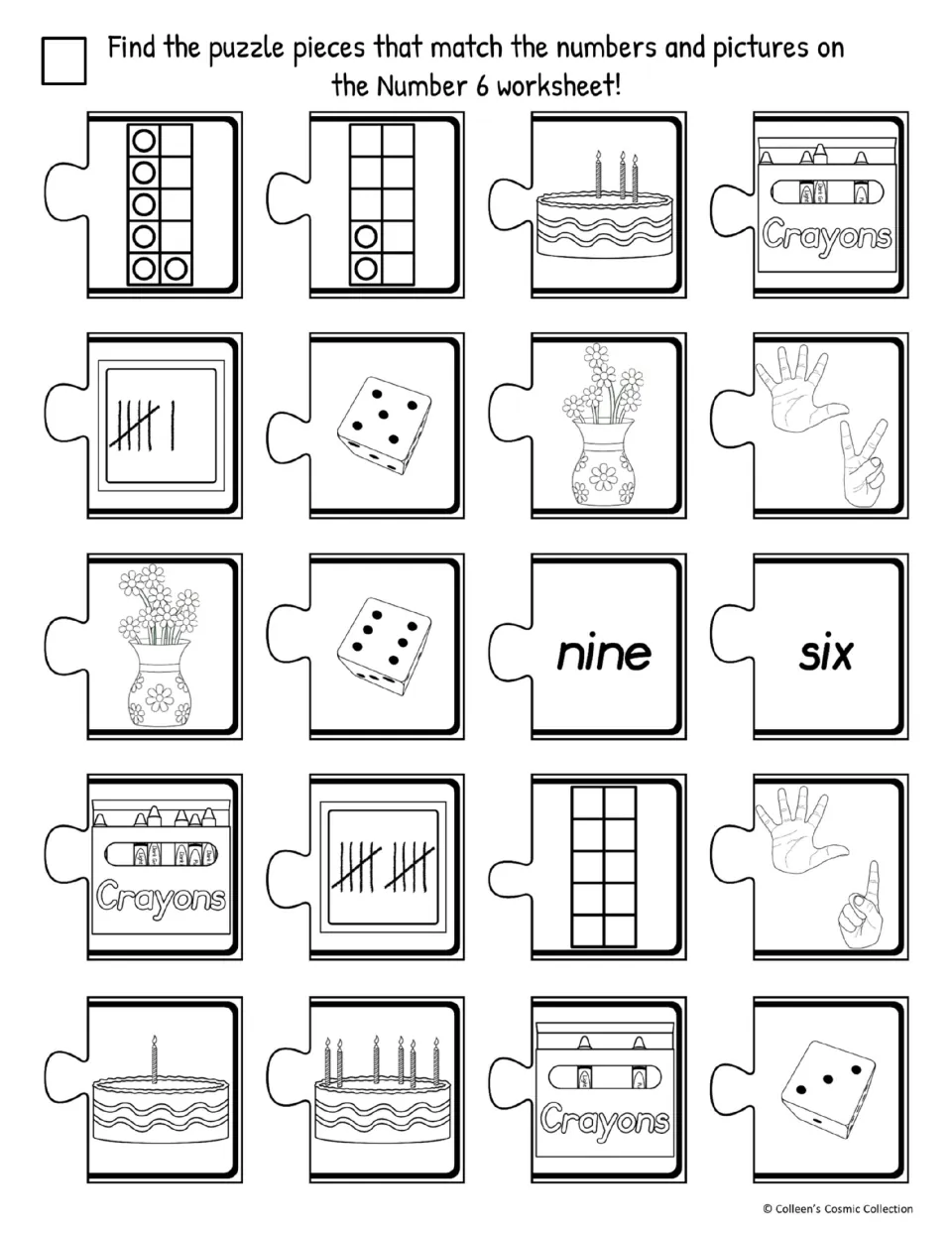 Black and white cut-out pieces for the easy number 6 sheet, mixing correct quantities of six with other amounts to find
