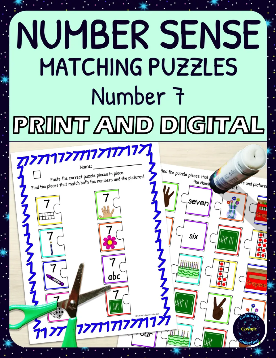Number Sense Matching Puzzles for Number 7 cover, labeled Print and Digital, showing cut-and-paste puzzles