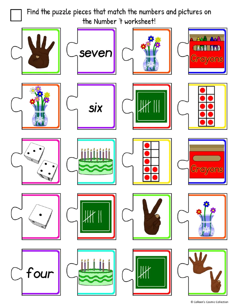 Easy color number 7 cutouts include 20 puzzle pieces with seven, six, four, and pictures of different quantities