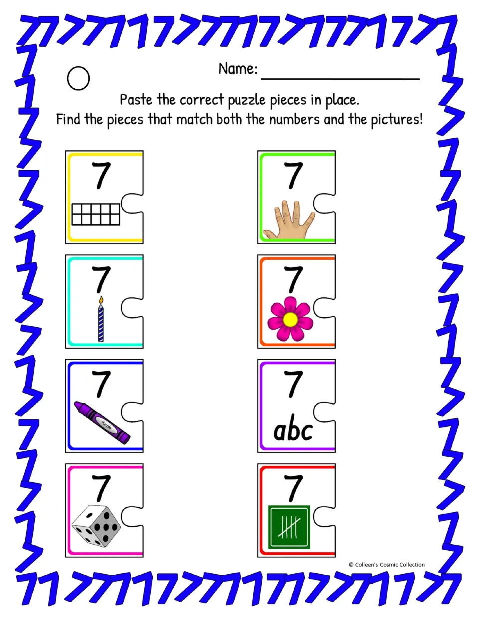 Difficult color number 7 worksheet has eight puzzle starters with identical connectors for matching pieces