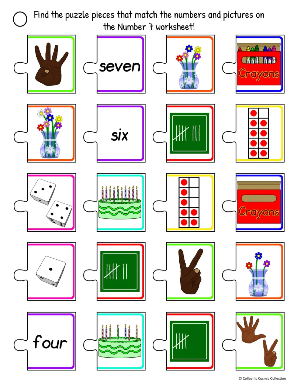 Difficult color number 7 cutout sheet has 20 choices, including seven, dice, ten frames, fingers, and tallies