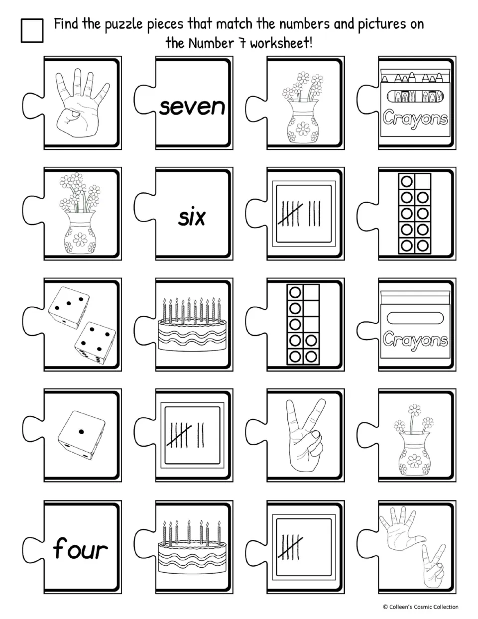 Easy black-and-white number 7 cutout sheet offers 20 pieces showing number words and quantities to match