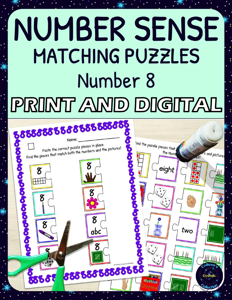 Cover: Number Sense Matching Puzzles, Number 8, print and digital, showing a cut-and-paste puzzle sheet and piece page