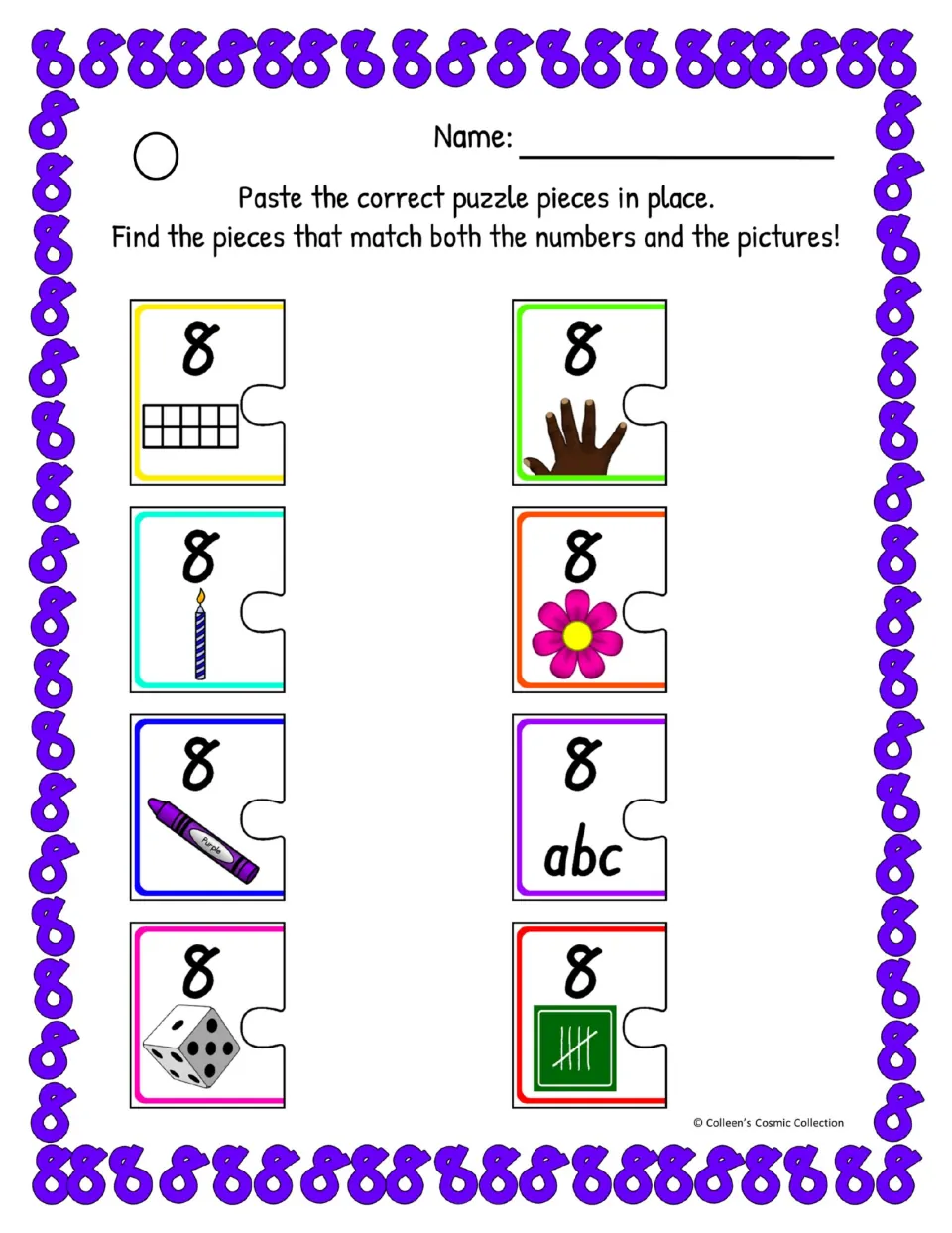 Number 8 in color, difficult version: students match 8 to flower, hand, candle, crayon, die, ten frame and tally pieces