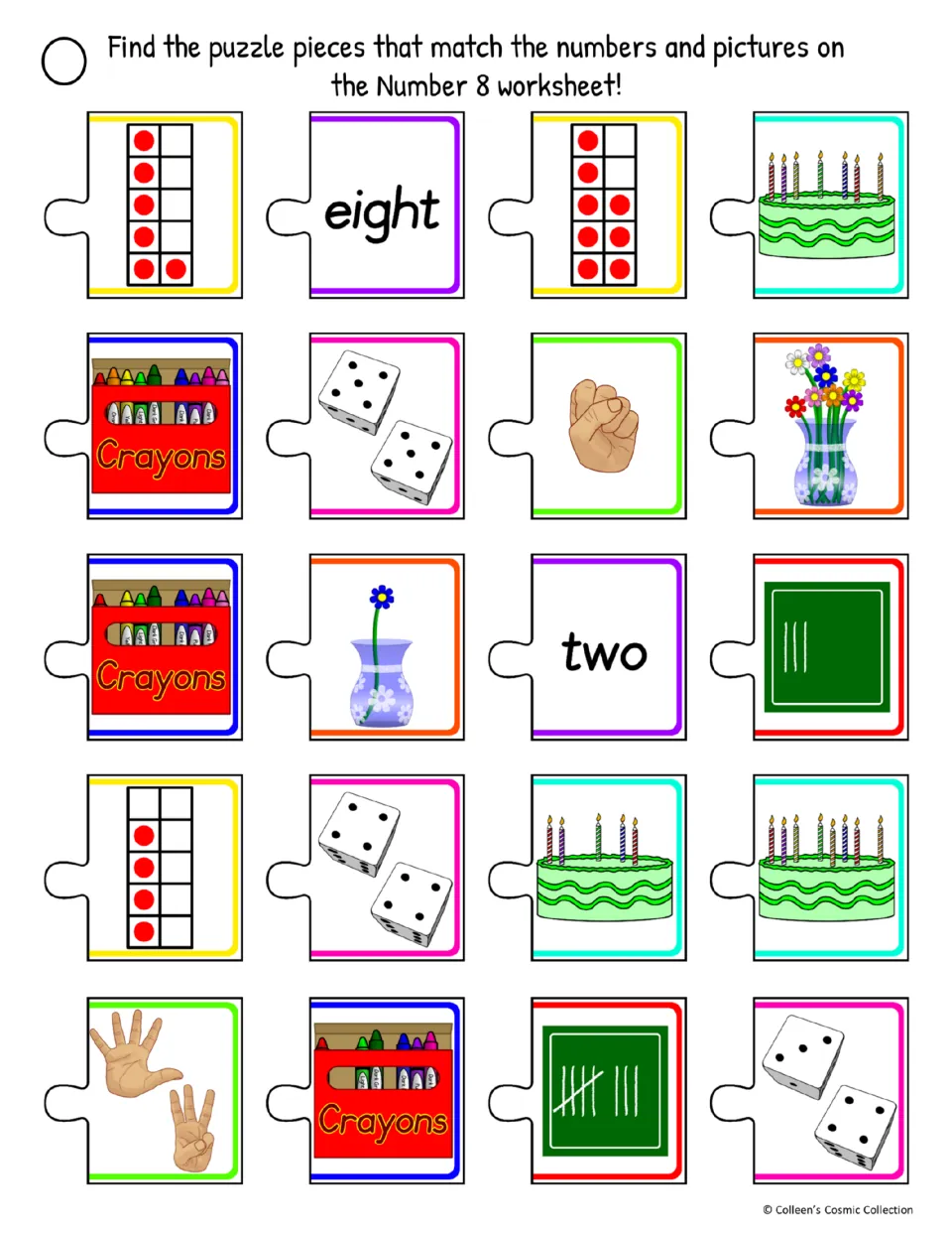 Cut-out pieces for number 8, difficult color version: students sort ten frames, dice, candle cakes and tallies to find 8